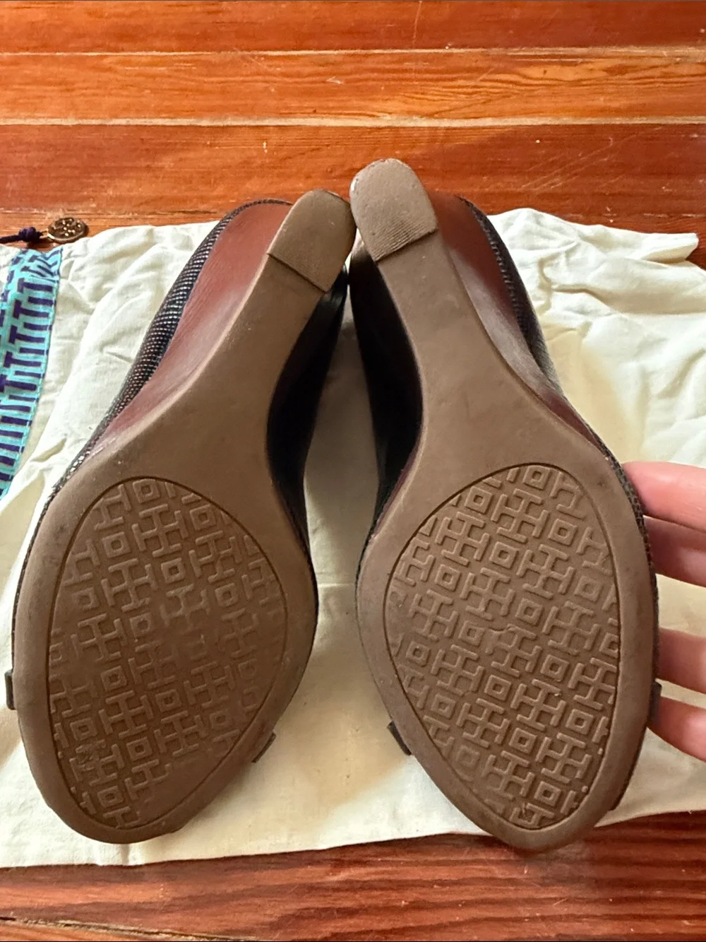 Tory Burch Black Snake Embossed Logo Peep-Toe Wedges